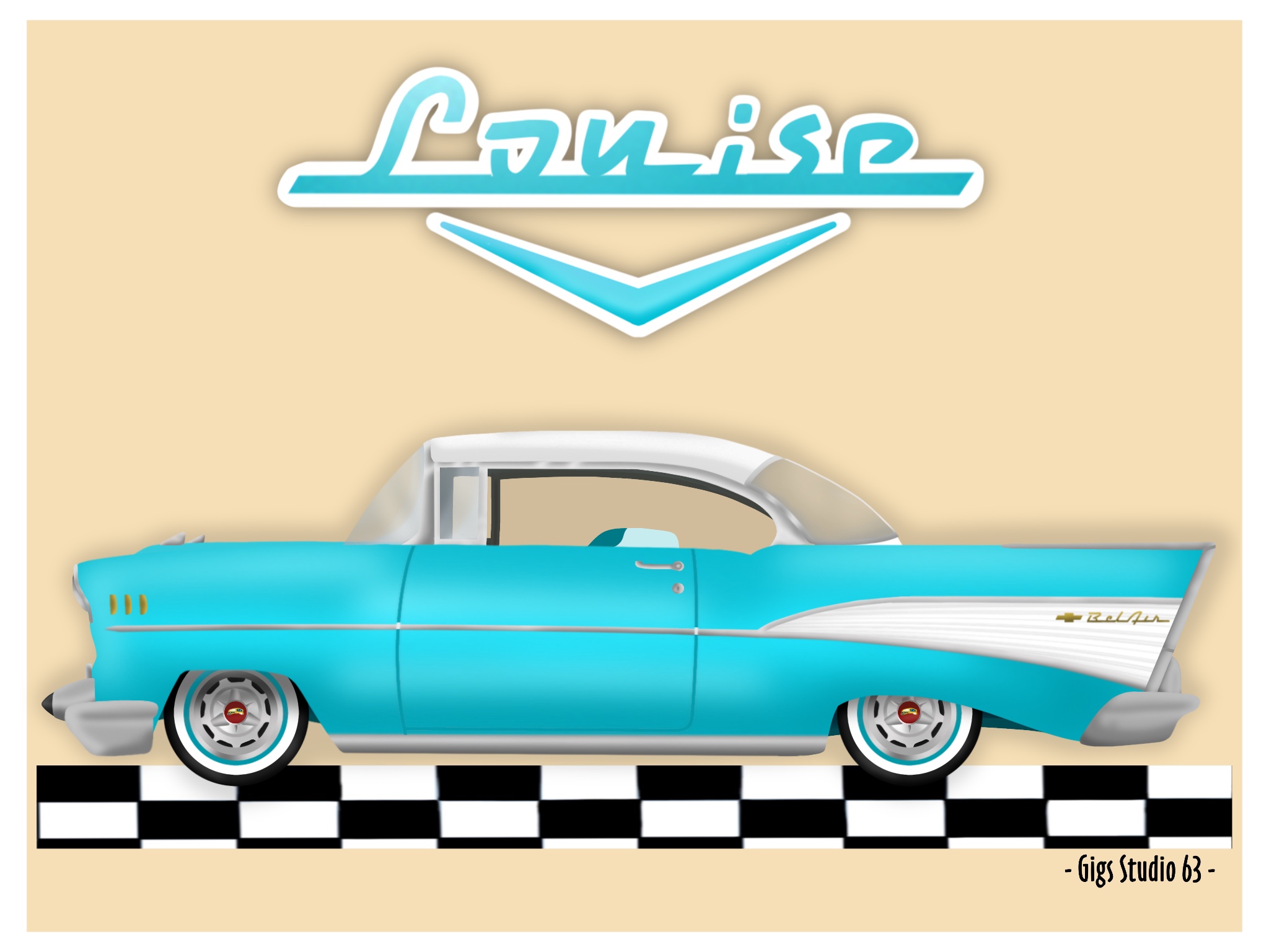 Digital Drawing of a 1957 Chevy, named Lousie